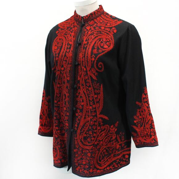 Coldwater Creek Wool Black Red Sweater Cardigan Button Japanese Floral Print 2X - Picture 1 of 8